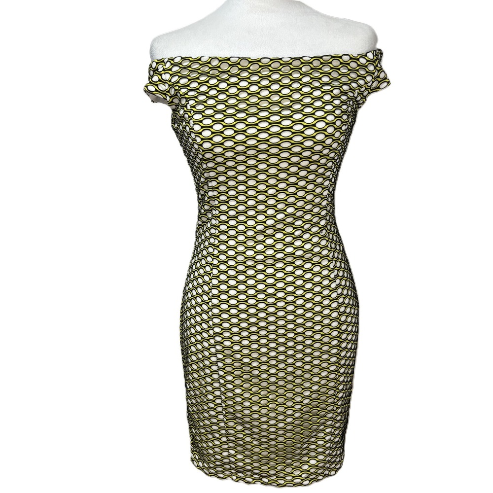 Nikibiki Bodycon Mini Dress Yellow Black Geometric Off Shoulder Retro Club Mod S